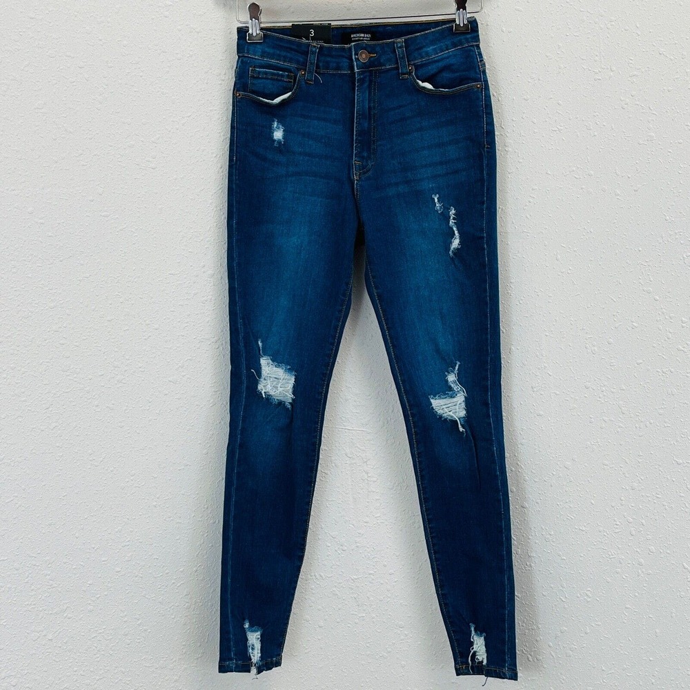 Juniors 3 American Bazi High Rise‎ Skinny Jeans Medium Distressed 28" Inseam
